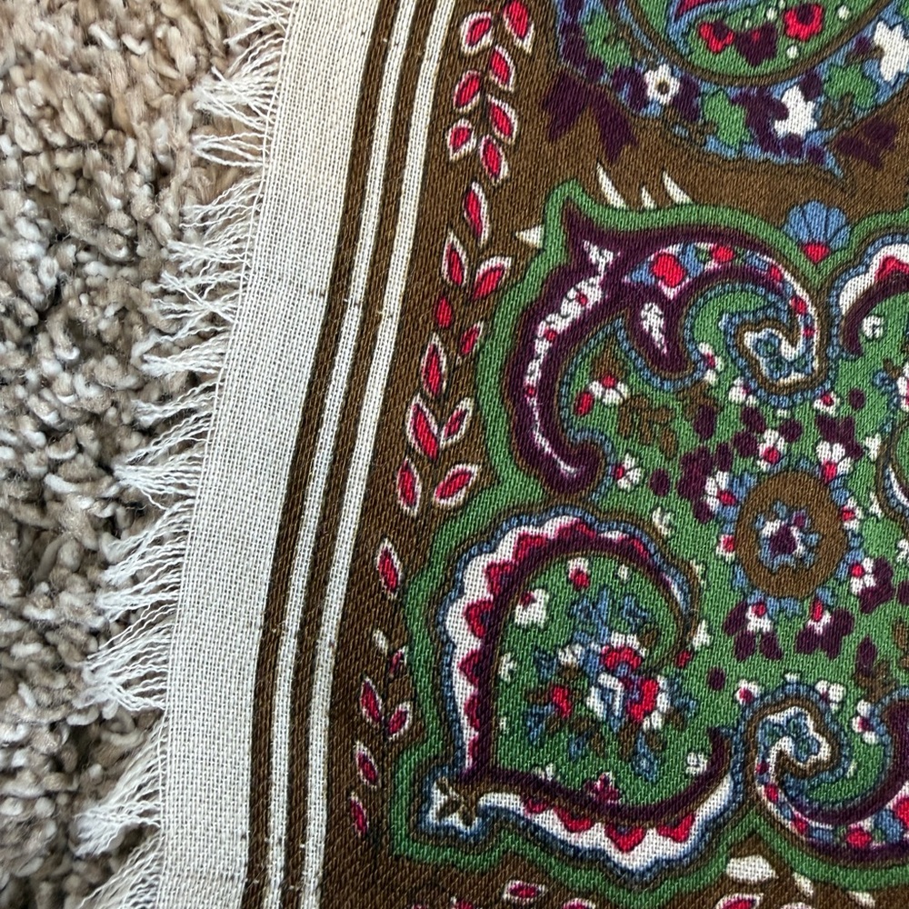 YSL Vintage Houndstooth Paisley Square Scarf Tan Cream Brown Green Red FLAWS - Picture 8 of 12